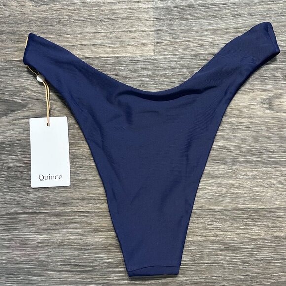 NWT Quince Small Italian Adjustable V Neck Bikini High Leg Cheeky Bottom Navy - Picture 8 of 8